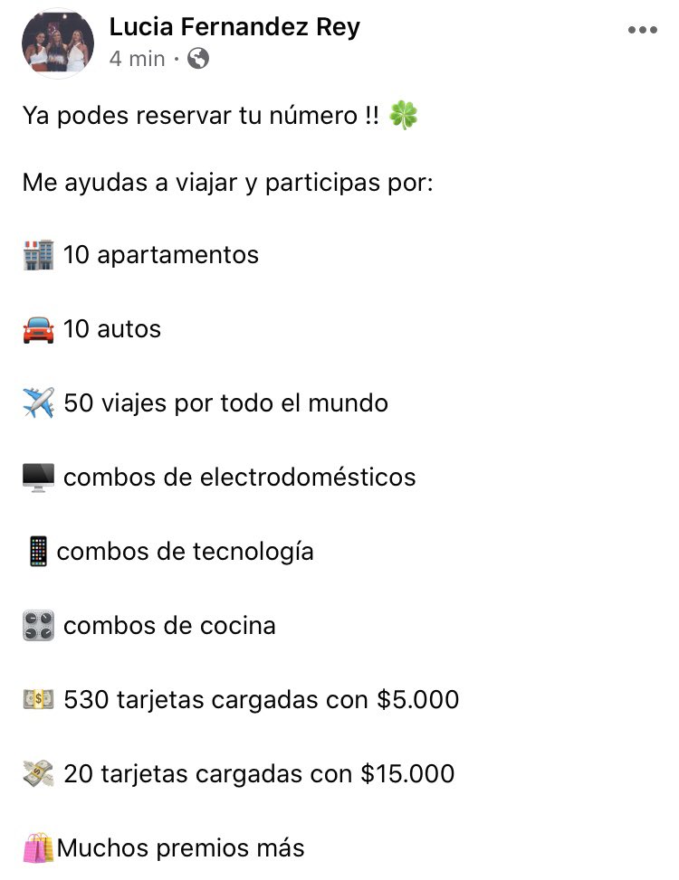 Gente de twitti, mi hermana se va de viaje de economía, y para eso está vendiendo rifas con tremendos premios 👇👇 si hay algún interesadx me puede escribir por privado o directamente a ella <a href="/luli_fr/">Lu Fernandez</a> . Sería de GRAN ayuda! Los amo bai