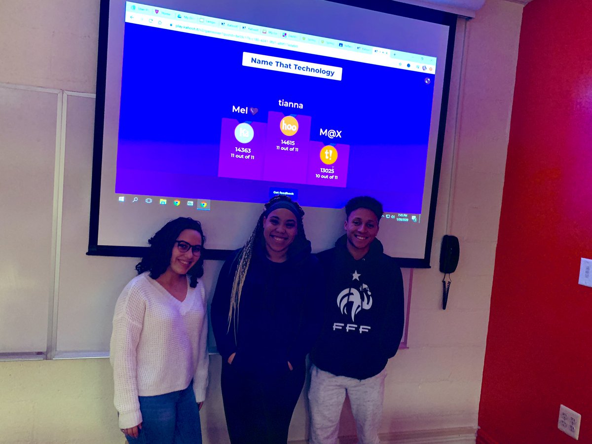 LLLampert's tweet photo. Way to go #CS231 all star students at @CaldwellUniv for winning the, βName That Technologyβ Kahoot game! 1st Place - Tianna, 2nd Place - Mel, 3rd Place - M@X π @GetKahoot https://t.co/leSQV8yEoL
