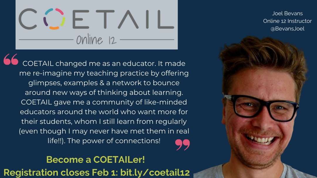 COETAIL's tweet photo. Collaborate w/ educators around the world throughout your entire #COETAIL journey (& beyond)! Join Online 12: https://t.co/DU13k4C22G
โ
Hear more from @BevansJoel: https://t.co/QG1Qx5fnD3โ
#edchat #profdev #asiaed #africaed #aussieed #etcoaches #pypchat #mypchat #elemchat https://t.co/n0ENilZmLC