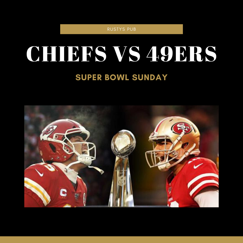 RustysPub's tweet photo. Less than a week till Super Bowl Sunday! Join us this Sunday as the Chiefs take on the 49ers, kickoff at 3:30pm. https://t.co/npevIt9w6Y