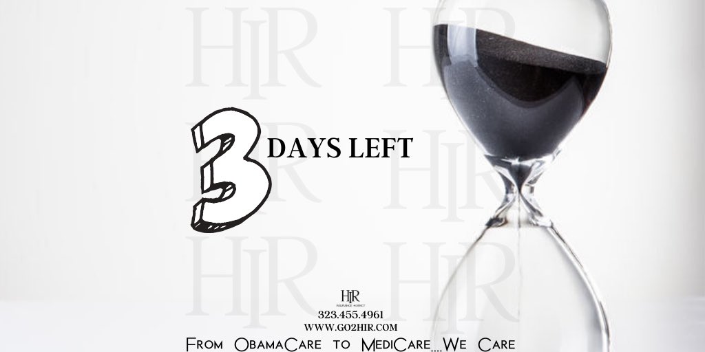 HIRInsurance's tweet image. You have 3 days left to switch or enroll into a new plan. Call us now for help. Let’s ensure your health insurance for the year! 
#HIRInsurance #CoveredCA  #healthinsuranceoptions #ObamaCare  #openenrollment #healthinsurance2020 #deadline #openenrollmentdeadline