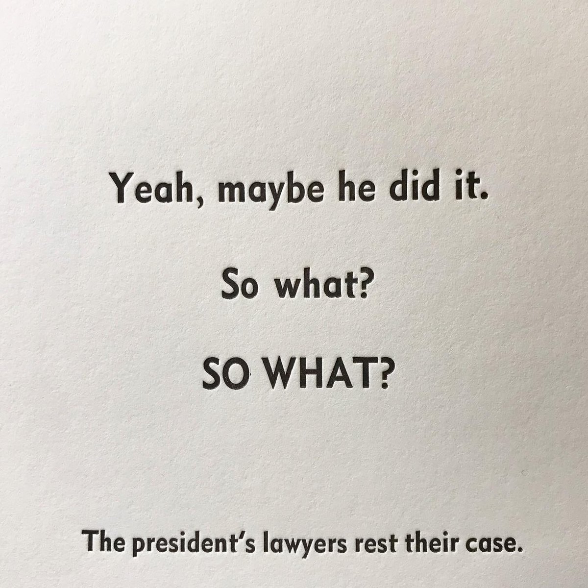 TLinotypist's tweet photo. Pretty much. #linotype #letterpress #sowhat #TrumpDefense #SenateTrial #impeachment #dwiggins #metromedium Cast in 8pt Metroblack No. 2, 12pt Metromedium No. 2, and 18pt Metromedium https://t.co/EcLR94D0Ue