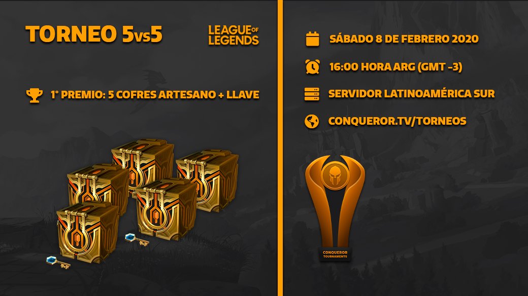 ConquerorLATAM's tweet photo. 🙂Buenas Conquistadores!

🏆 Los invitamos a participar del #torneo de #LeagueOfLegends 

🎮Organizado por #Conqueror con el objetivo de fomentar los #esports en #LATAM

🕹Enlace del torneo: https://t.co/czCTy4C4Ys

📲Para más información👇https://t.co/s8AkjvKEvA https://t.co/ZGVrJEbjTB