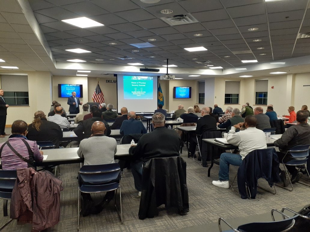 jeffsands1's tweet photo. Honored to represent @DelawareEMA discussing #preparedness and security-related grant funding opportunities through the Nonprofit Security Grant Program tonight as part of the Houses of Worship Security Seminar hosted by @DEStatePolice #smem #emergencymanagement https://t.co/W2dYUZifnh