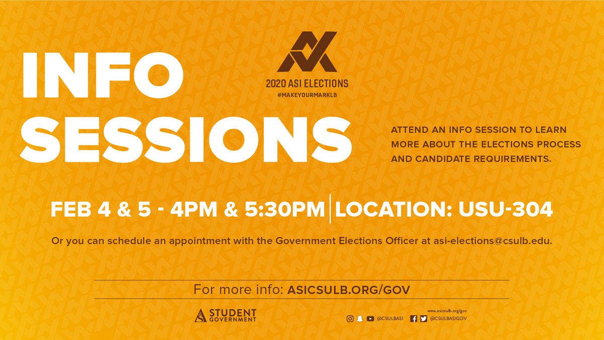 CSULBASI's tweet photo. 2020 ASI Elections are here, and so is your chance to become a leader in our community! As a member of @csulbasigov, you will be able to use your voice to represent students. Find out more by attending an info session. 
Learn more👉🏽 https://t.co/APWhewgeXW
#MakeYourMarkLB https://t.co/2dEucitDi6