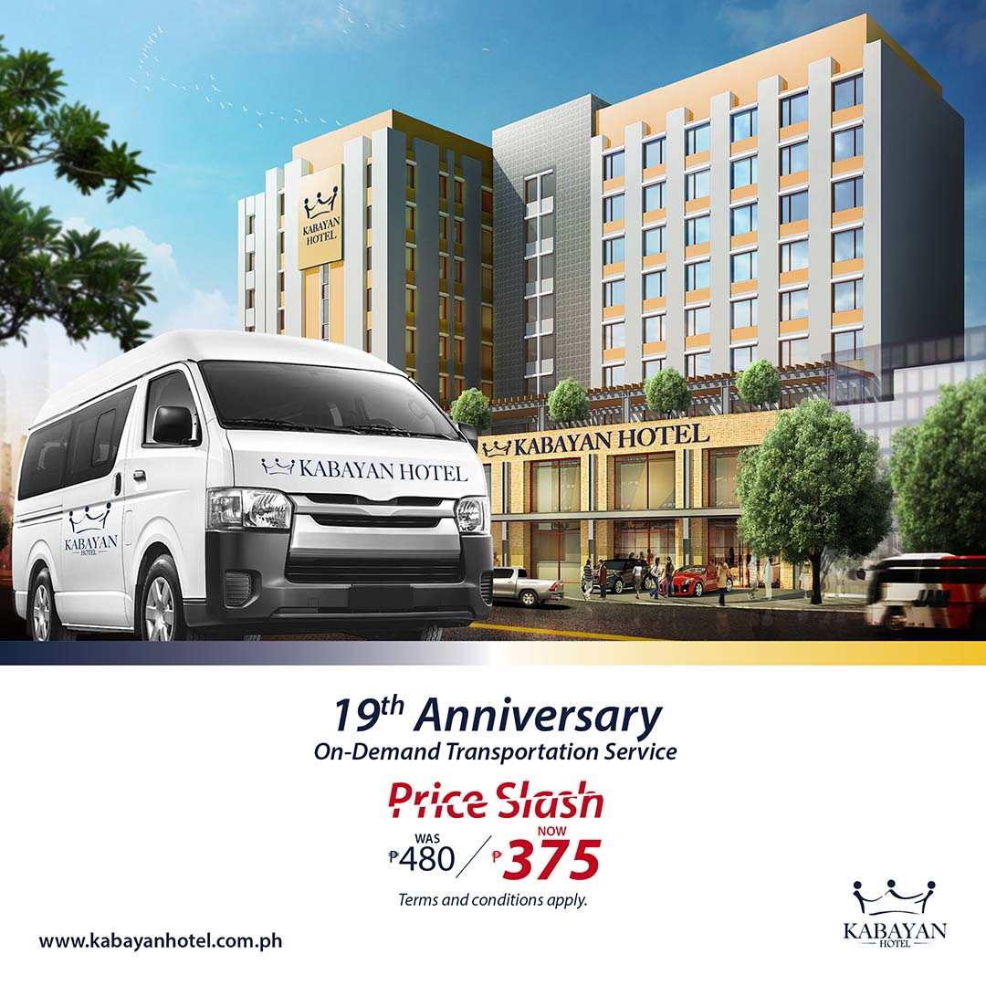 kabayanhotel's tweet photo. Kabayan, mas abot-kaya na ang aming airport pick-up and drop-off services. From Php 480, now its Php 375 only!
Kasabay ng aming 19th anniversary, we give you a more affordable and safer option for your transportation needs.
https://t.co/r1dCxrfCNB

#KabayanHotel #19NaTayoKabayan https://t.co/Cqbah2kGht