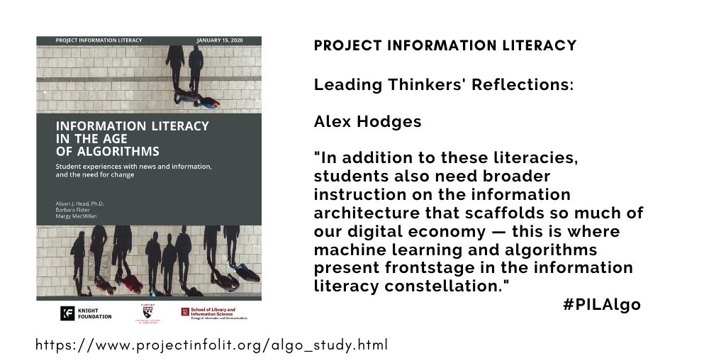 "In addition to these literacies, students also need broader instruction on the information architecture that scaffolds so much of our digital economy — this is where machine learning and algorithms present frontstage in the information literacy constellation."
