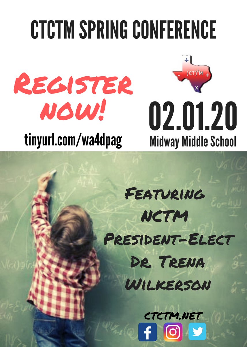 It's not too late to register for our spring CTCTM Math conference this Saturday Midway Middle School. The conference is open to current & pre-service teachers in the greater Waco area and beyond! Register at tinyurl.com/wa4dpag