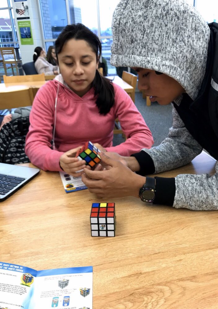 MLCHS_Library's tweet photo. We are practicing the basics to get the foundation! Our students are finding that mastering the Rubik’s cube is harder than it looks! @Rubiks_Official #dothecube https://t.co/VSBvcJwA1Y