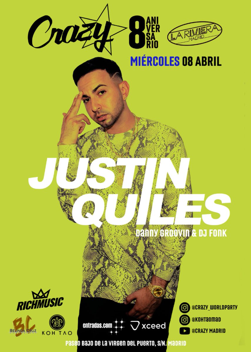¡Un placer anunciar desde Crazy nuestro 8 Aniversario! 8 años de baile, 8 años de música, 8 años de momentos inolvidables... ❤️

¡Para celebrarlo contamos con la visita del Gran Justin Quiles el MIÉRCOLES 08 ABRIL en Sala La Riviera! 🎉