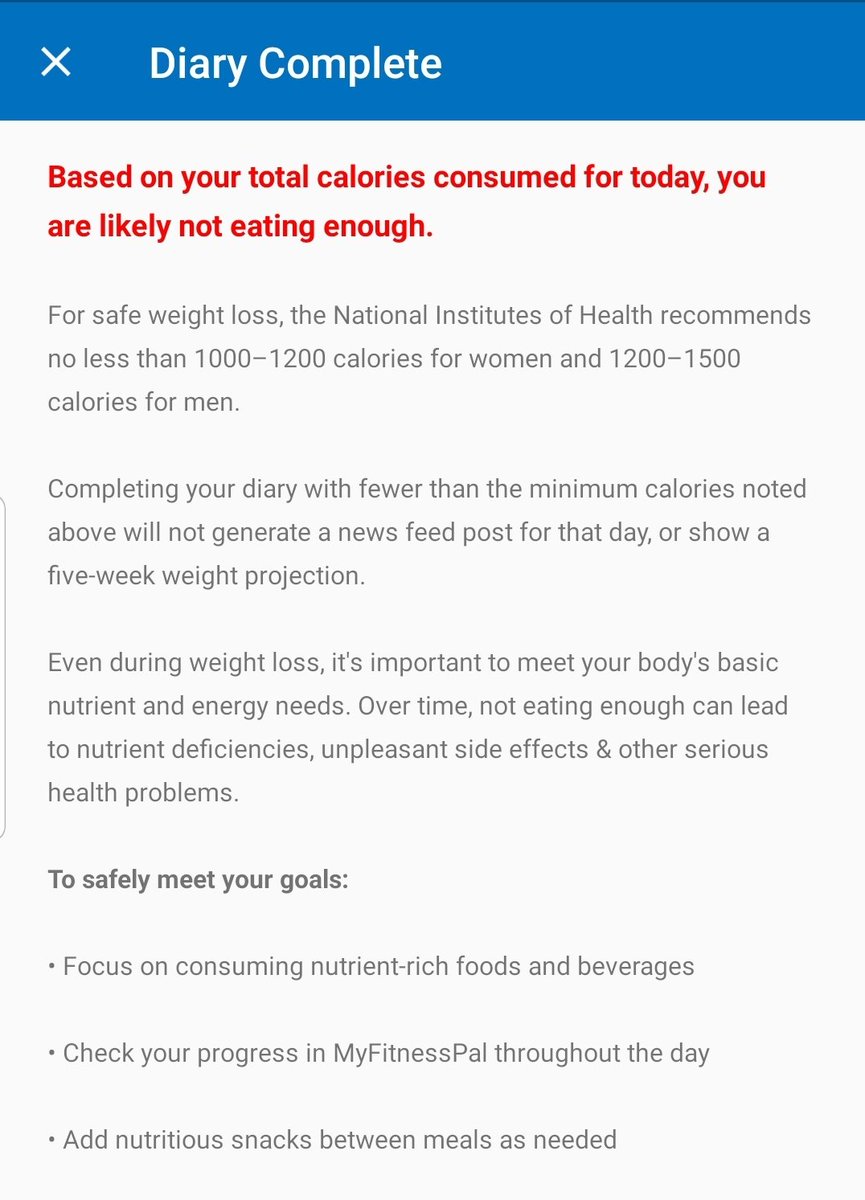 SkinnyMooon42's tweet photo. #JustEDThings getting this warning at the end of every day...
Remember the olden days when MFP would be like "At this rate you'll lose 60lbs in 2 months!"
Ngl I kinda miss that. https://t.co/Ka7qwtXq43