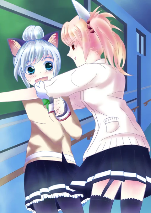 因みに2015年に描いたオリジナルの鬼っ子ガール先輩とお団子にゃんこ後輩の壁ドンを公開しちゃうよ。この頃は猫耳とか描いていたよ😃 
