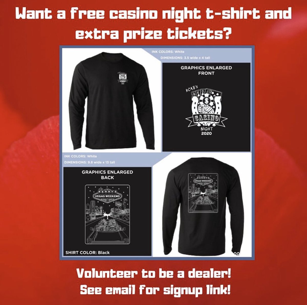 Vikings! We still need dealers for Casino Night this Saturday. Sign up at the link in our bio and receive THIS comfy tee and 10 price raffle tickets 🎲