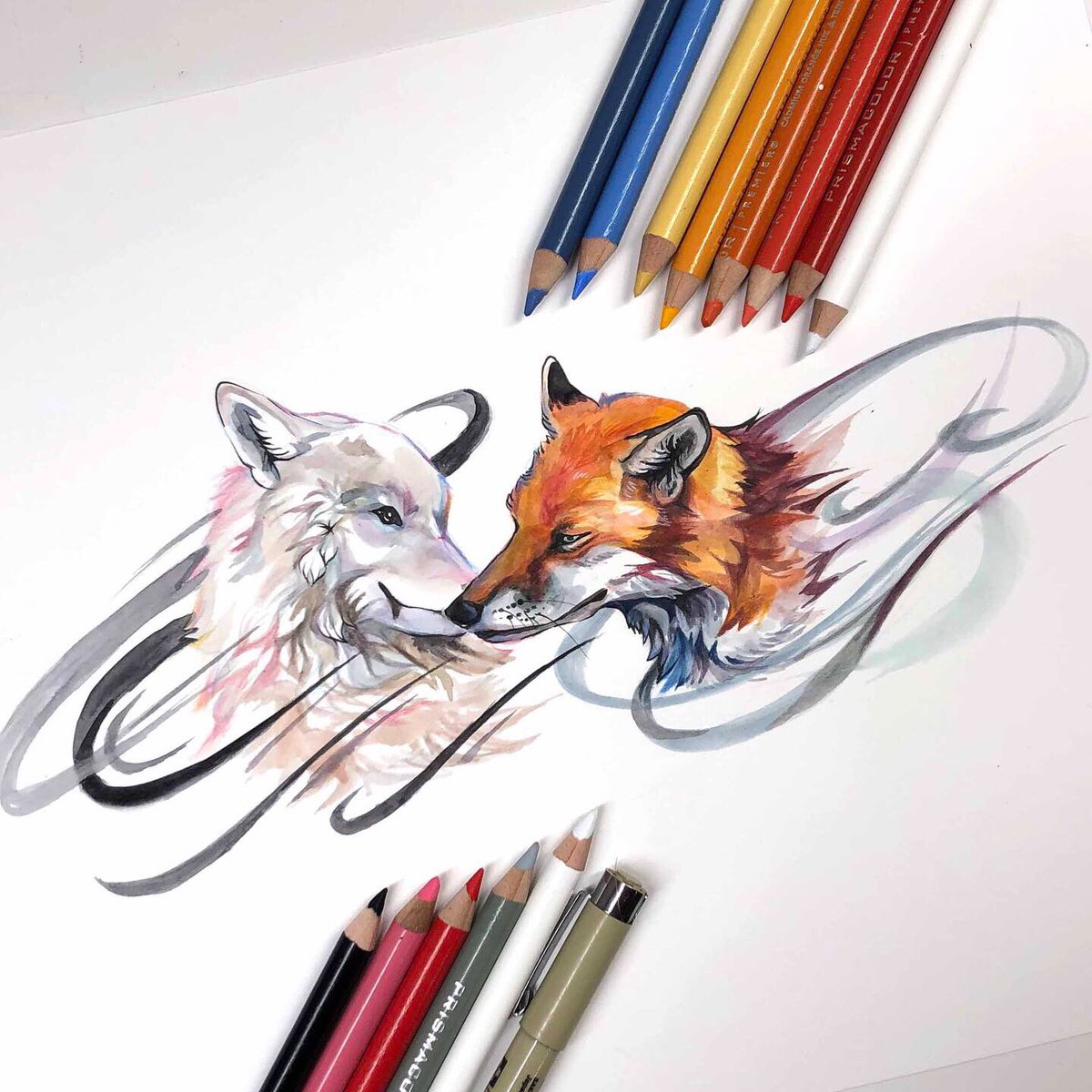 Katy_Lipscomb's tweet photo. Day 28: Wolf and Fox Nuzzle
I wanted to draw something cute and happy today <3
.
.
.
.
.
#wolf #fox #illustration #phmartin #watercolor #coloredpencil https://t.co/zWA2Lxi4x0