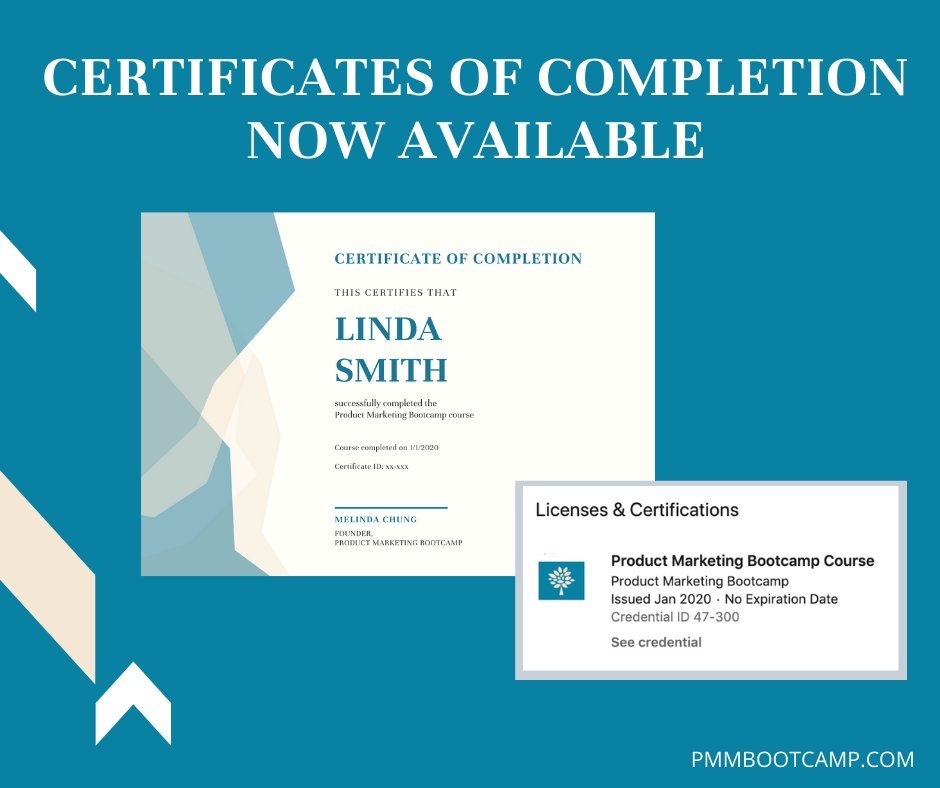 mwchung's tweet photo. Certificates of Completion now available when you complete the Product Marketing Bootcamp!  Use for LinkedIn or otherwise.

From a student last week:

"Would like to say a huge thank you for the Product Marketing Bootcamp - that was one of my most valuable investments last year!" https://t.co/E25tR2Uehe