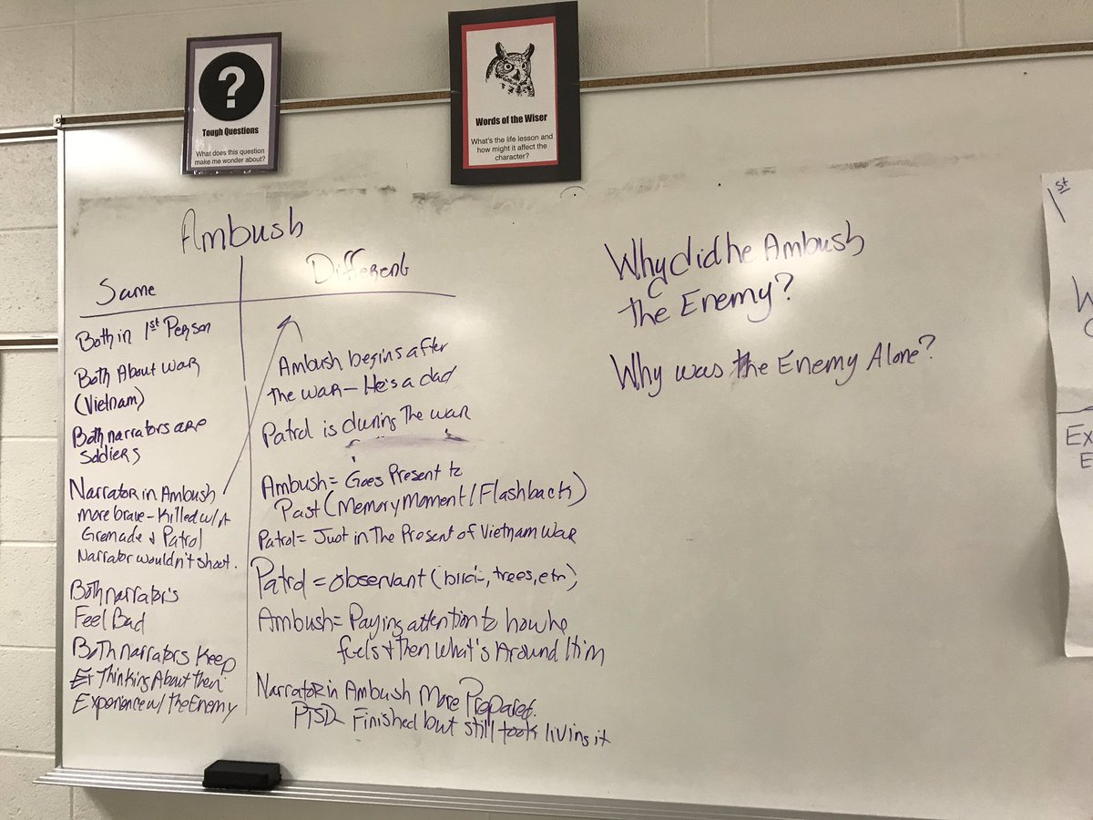Jacque_Bayless's tweet photo. It may not looks like much, but I am so proud of my Ss. We compared 2 texts, Patrol and Ambush, to gain more insight and perspective into the Vietnam War. Almost halfway through the year and they’re finally asking questions & making connections. Woot! #AHSchools #LearnwithBayless https://t.co/q6U7zChGi6