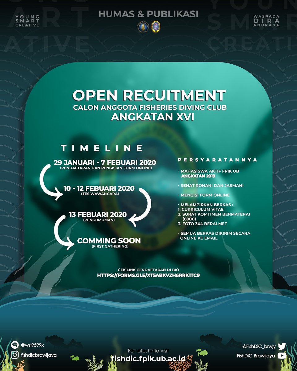 FishDiC_brwjy's tweet image. [OPEN RECRUITMENT CALON ANGGOTA FISHERIES DIVING CLUB ANGKATAN XVI, UNIVERSITAS BRAWIJAYA]
#FishDiC_Brawijaya #Neverdivealone
#Jalasveva_Jayamahe
Waspada dira
Anuraga

FishDiC
Young | Smart | Creative