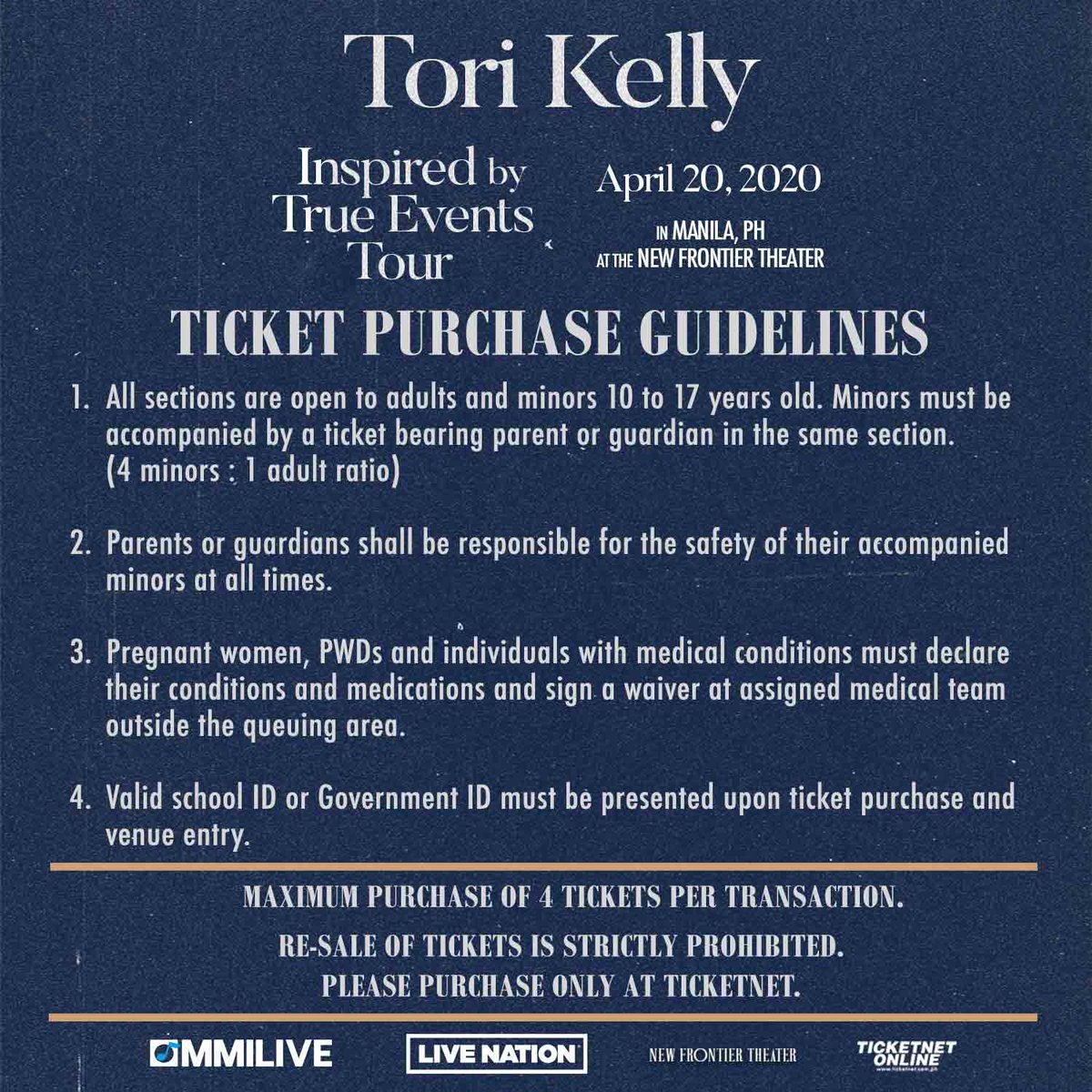 RPsAngels's tweet photo. Tickets for #ToriKellyMNL will be out tomorrow, Jan 30 at 12nn via https://t.co/qKisvBNgZx + outlets ✨

Check out the prices, seat plan, &amp; ticket purchase guidelines below 👇🏻👇🏻👇🏻

Brought to you by ms. @itsarpee @mmilive @LiveNation 💙

#InspiredByTrueEventsTourPH #MMILIVE2020 https://t.co/ENnNfvt4K7