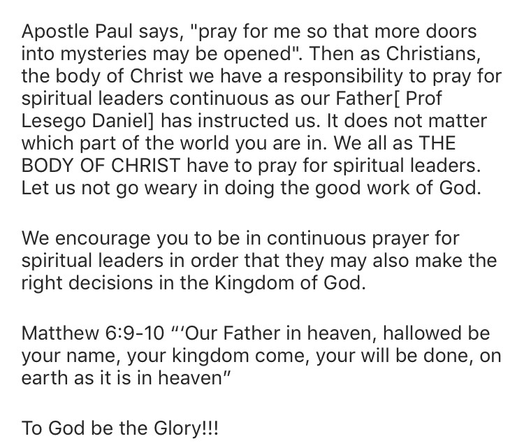 #WednesdayDevotion [LET US PRAY FOR OUR LEADERS]: Apostle Paul says, 'pray for me so that more doors into mysteries may be opened'. 
#OurResponsibility
#TheYearOfLaughter
 #LetYourWillBeDone