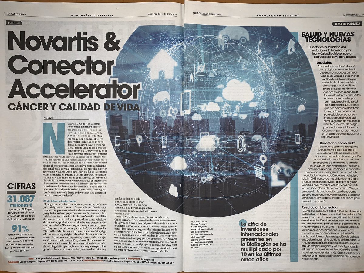 ConectorSpain's tweet photo. .@LaVanguardia de hoy habla del #NovartisCancerStartupProgram que hemos lanzado junto con @NovartisSpain. Si tienes una startup digital con soluciones para el cuidado del paciente de cáncer puedes aplicar hasta el 4 de marzo en https://t.co/DTDCQavBMZ https://t.co/SEM80BMP5v