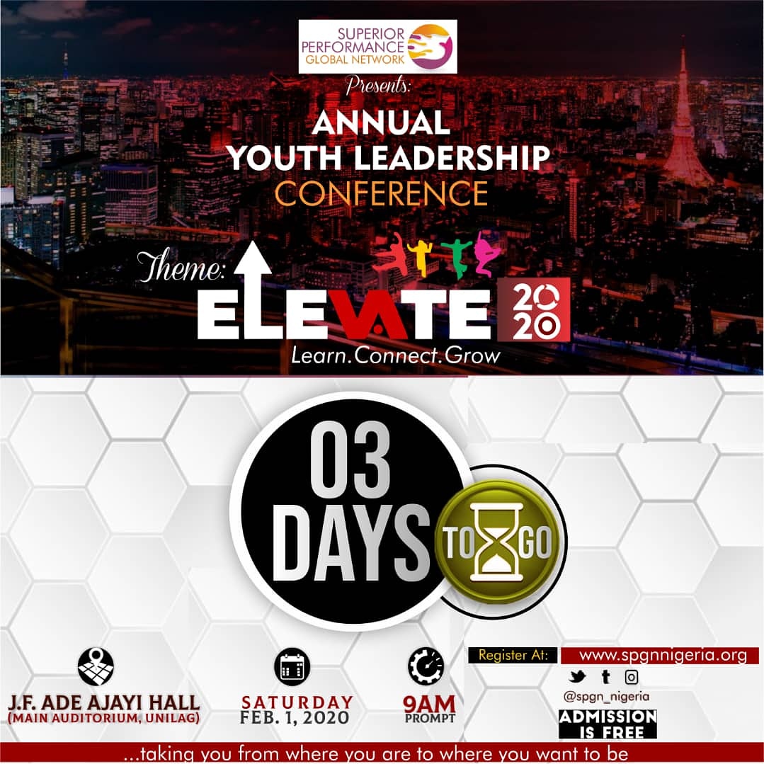 Wow!!! It's only 3 days to the most anticipated conference; Elevate2020! 
click on the link below for more information spgnnigeria.org/Date: February 1, 2020.
Venue: University of Lagos main auditorium.
Time: 9:00 am

@wevo_5
@spgn_nigeria