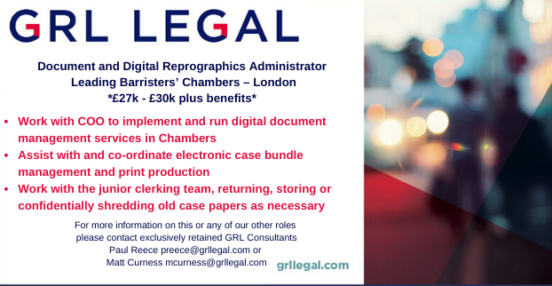 GRLLegal's tweet photo. **Document and Digital Reprographics Administrator**
Leading Barristers' Chambers #grlrecruits #chambersroles #adminroles https://t.co/ftrRsV1RE5