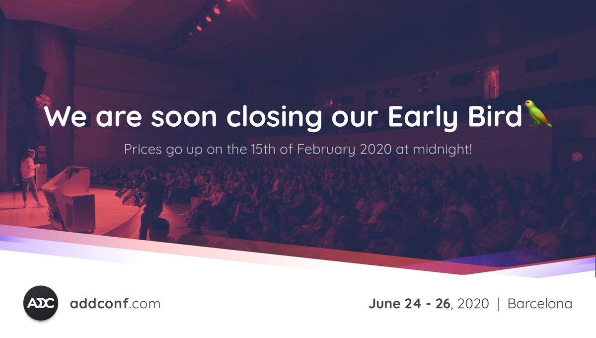 addconf's tweet image. We are soon closing #earlybird tickets as well as #CallforPapers for @addconf 2020.

Don’t miss the last chance to get our super discounted tickets. 
Prices go up on the 15th of February 2020 at midnight.

Join us in Barcelona, olé!🌞
#addconf #designers #developers #ux #ui
