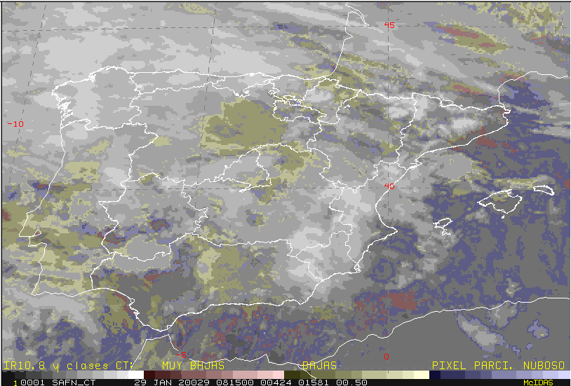 AEMET_SINOBAS's tweet photo. Imagen visible NIR a las 08:15 UTC y producto #CloudType que colorea las nubes bajas y nieblas. Muchísima nubosidad sobre la #Península aunque sin precipitaciones, salvo en zonas del NW https://t.co/vfpoeXJ8dw