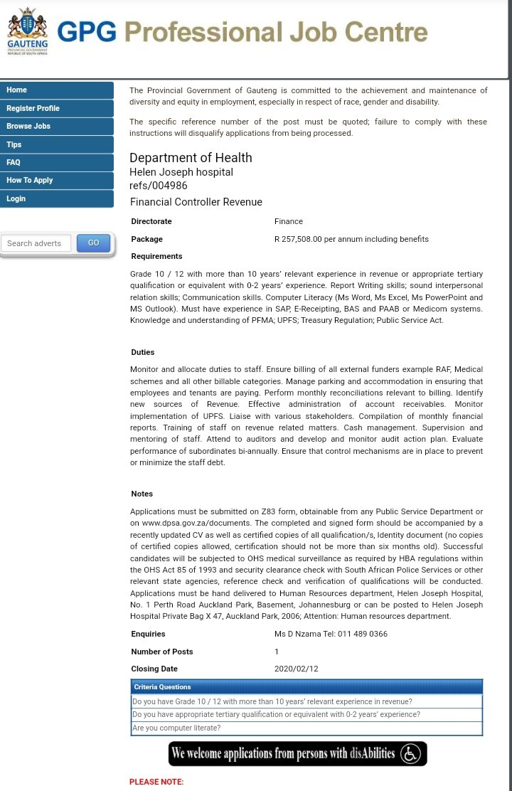 #WeAreHiring Posts as available on the Gauteng Provincial Government Professional Job Centre website #JobSeekersSA 
1. Asset Clerk REFS/004987
2. Financial Controller Revenue
REFS/004986
3. Clinical Psychologist REFS/004985 #JobSeekersSA
