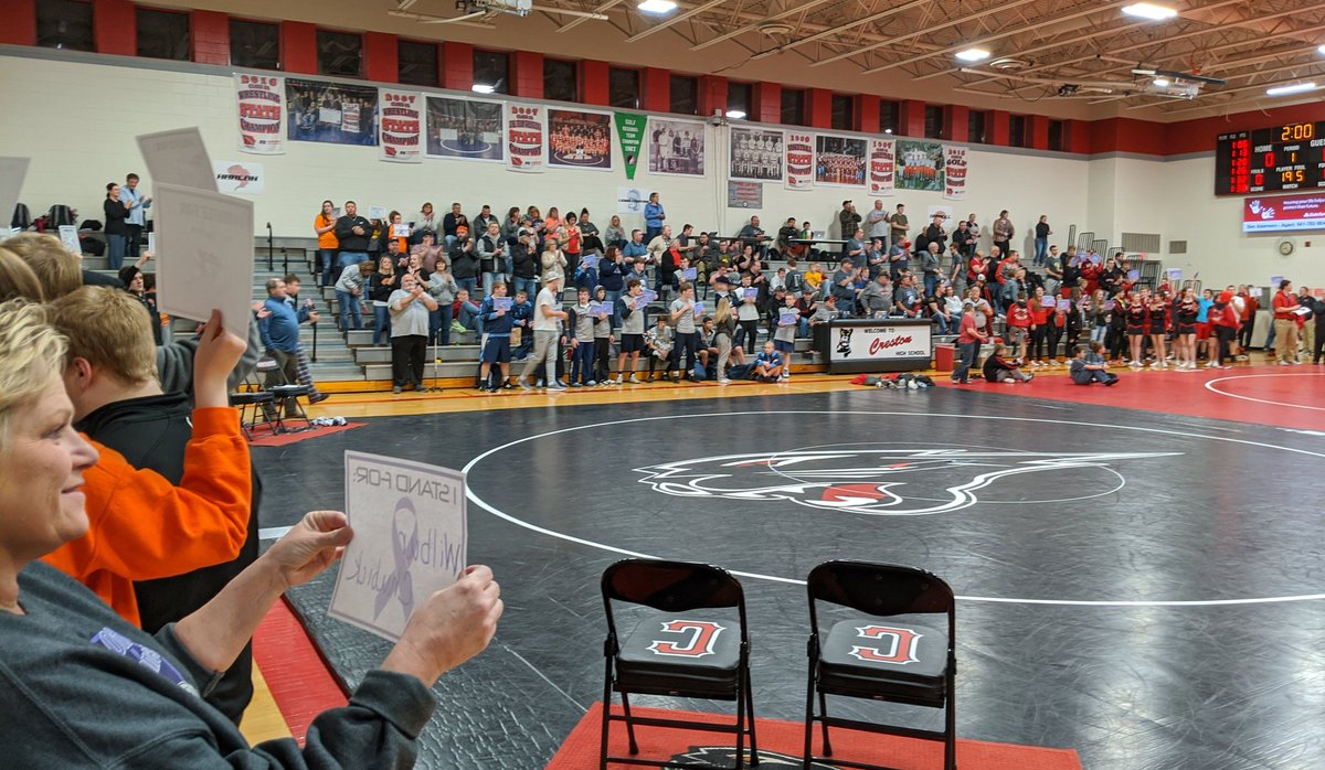 crestonfbla156's tweet photo. Great Job tonight @chsgrapplers and seniors! Thank you also to @CCHSCAST for all the work done on the meet. With everyone's help we are well on the way to our $11,000 goal for @GreaterRegional Cancer Center (just under $9,000 raised so far). #community #faceoffagainstcancer https://t.co/lphvFL6fdl