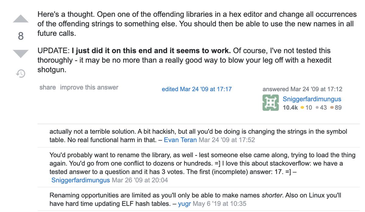 [a StackOverflow answer]

Here's a thought. Open one of the offending libraries in a hex editor and change all occurrences of the offending strings to something else. You should then be able to use the new names in all future calls.

UPDATE: I just did it on this end and it seems to work. 