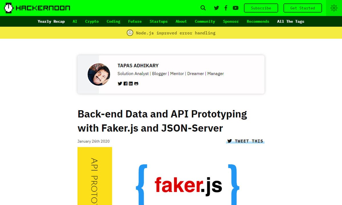 Devcide1's tweet image. Back-end Data and API Prototyping with Faker.js and JSON-Server
#userinterfaces #server #jsonserver #apis #data #development
via hackernoon.com
☛ amp.gs/upxm