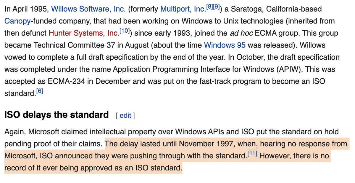 [from linked page]

Again, Microsoft claimed intellectual property over Windows APIs and ISO put the standard on hold pending proof of their claims. The delay lasted until November 1997, when, hearing no response from Microsoft, ISO announced they were pushing through with the standard.[11] However, there is no record of it ever being approved as an ISO standard.