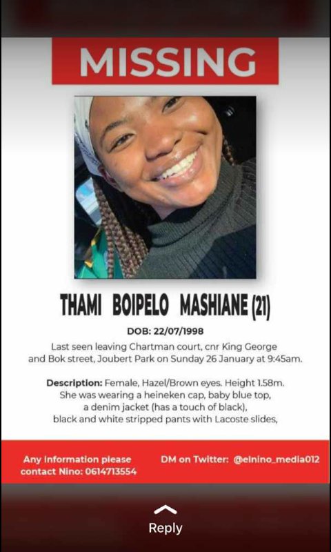 NomvuseleloPho1's tweet photo. #HelpFindThami
Please make this trend someone out there might know where she is. Please https://t.co/G0GubNNSV4