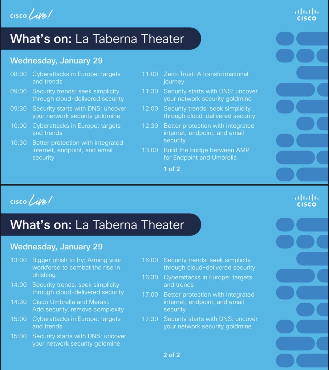 CiscoUmbrella's tweet image. We’re halfway through #CLEUR! Here’s the schedule for Wednesday’s short #SecurityNinja sessions inside La Taberna in The Hub. 

Attend a session, get a 👕 #CLEUR