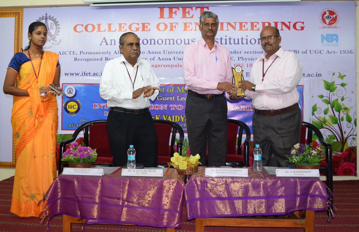 IFET_CE's tweet photo. Department of Management Studies in association with NITOR Association &amp; IIIC organized a Guest Lecture on “Introduction to Stock Market”. Mr.K.Vaidyanathan, Manager Finance, Material Management, NLC- Neyveli was the respected speaker for the above topic. https://t.co/Rm4whW2MgA