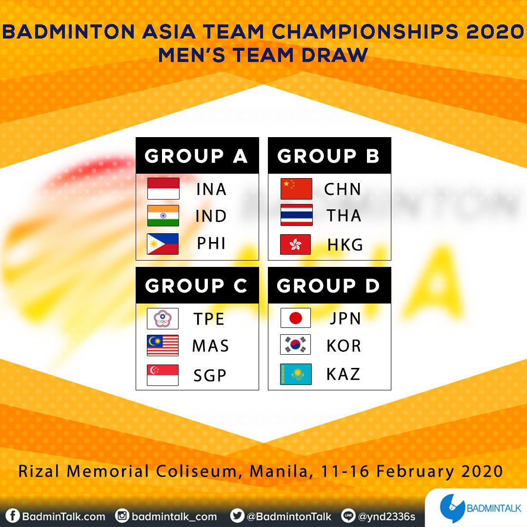 BadmintonTalk's tweet photo. BREAKINGGG

#BATC2020 DRAW IS OUT!!!

Men's Team
A: INA IND PHI
B: CHN THA HKG
C: TPE MAS SGP
D: JPN KOR KAZ

Women's Team
A: JPN MAS HKG
B: KOR IND KAZ
C: THA INA PHI
D: CHN TPE SGP

Group Stage: 11-13 Feb
QF: 14 Feb
SF: 15 Feb
Final: 16 Feb

All the best!

Prediksi kalian? https://t.co/FYfFP0kIBX