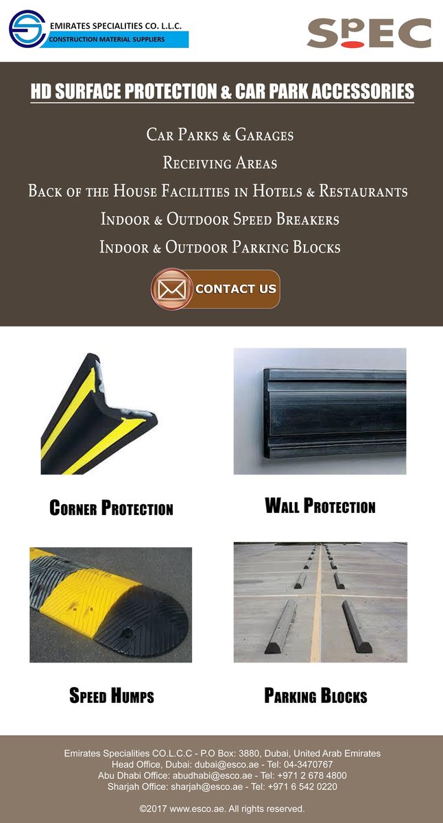 esco_spec's tweet photo. Looking for quality heavy duty surface protection system and Traffic Accessories? Call us Today!  Tel: +971 4 347 0767 | Email: dubai@esco.ae

Manufacturer: SpEC | For more info visit: https://t.co/lingxQtVga

#CornerGuard #WallGuard #SpeedHump #ParkingBlocks #wallprotection https://t.co/Pbwvx1hY7r