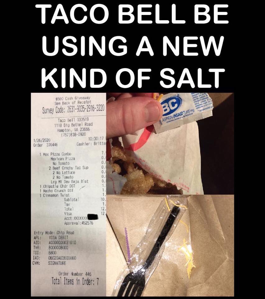 CaptainCootet's tweet photo. Taco Bell is using a new kind of salt. Literally on my food. How does this happen?  #tacobell #yum! #NewSalt #LowInSodium #BrosBeenSickEverSince #ForReal https://t.co/em3zOorw0x