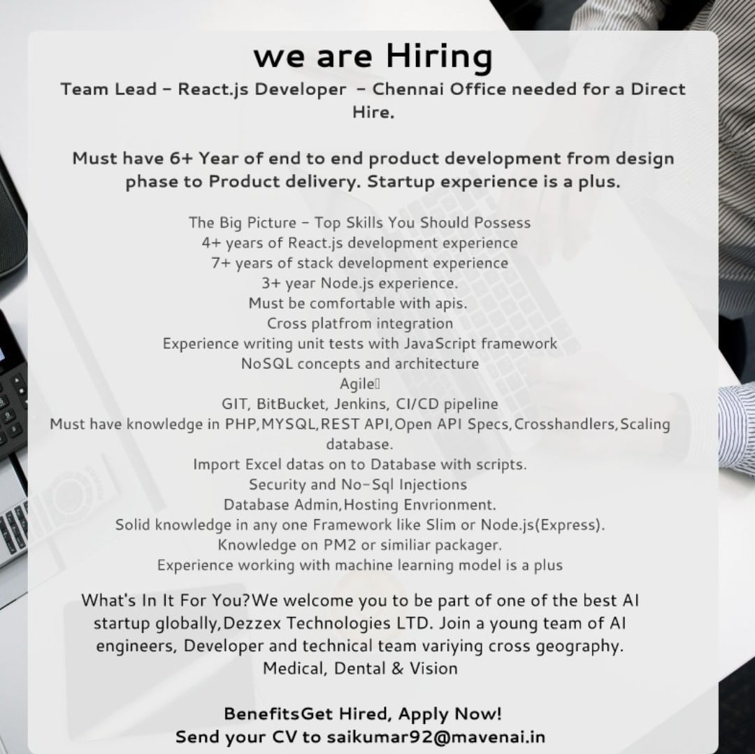 DezzexTech's tweet photo. We are hiring

Team Lead- React.Js Developer
MavenAI Technologies
Chennai

Send Cv to saikumar92@mavenai.ae https://t.co/3Fi5uuU71L