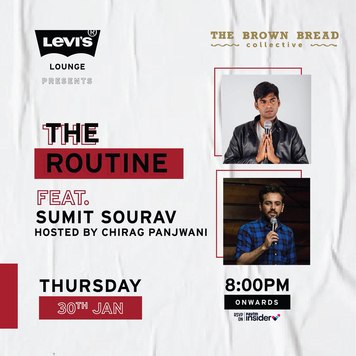 thebbcollectiv's tweet photo. The Routine is a curated line up of upcoming comedians in the city! This edition is hosted by Chirag Panjwani and features Sumit Sourav.

When &amp; where: 30th Jan | 8 PM | Levi's Lounge, Lower Parel

RSVP FOR FREE HERE: https://t.co/vXMfIbp6wZ

#TheBrownBreadCollective #Comedy https://t.co/NB1CPXnKfE