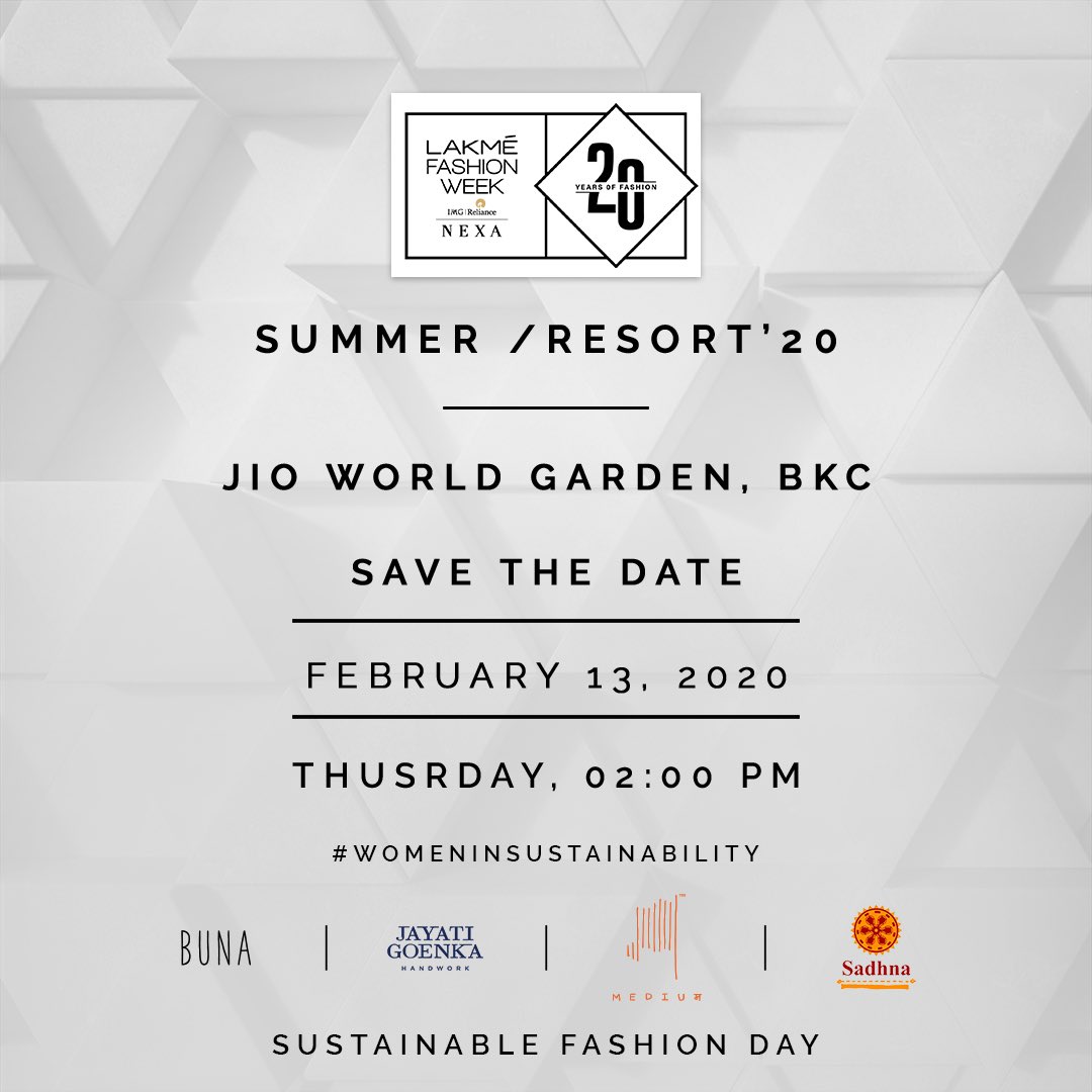 LakmeFashionWk's tweet photo. Presenting the #WomenInSustainability, @bunastudio #JayatiGoenkaClothing #StudioMedium and @SadhnaUdaipur on 13th February, Sustainable Fashion Day, at Day 2 of #LakmeFashionWeek Summer/Resort 2020. 

#lfw #lfwsr20 #5DaysOfFashion #20YearsOfLFW https://t.co/rkWYOieA5a