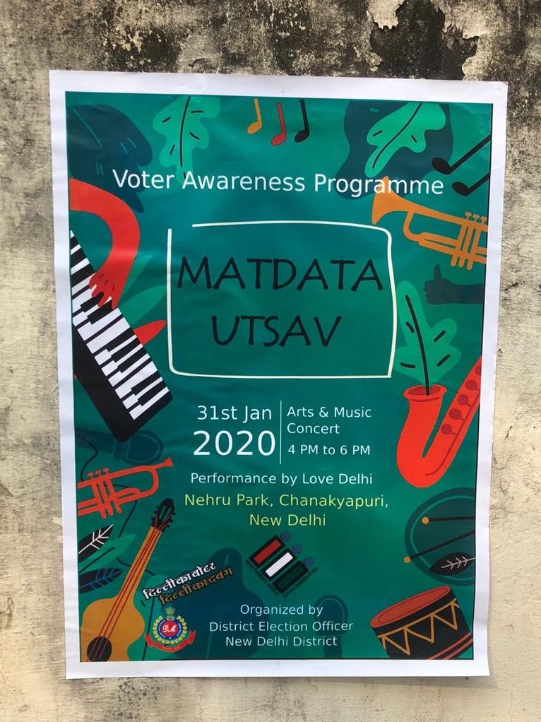 GreyMattersPR's tweet photo. कला के संग बधें कल की उमंग।

Let us celebrate #democracy through Art &amp; Music Festival by #LOVEDELHINOW on 31st Jan, starting 4 pm at #NehruPark, #NewDelhi.

@deonewdelhi @ECISVEEP

#VoterAwareness #MeriDilliMeraVote #DelhiAssemblyElections2020 #VoteOnFeb8 https://t.co/YD9dLYt9nd
