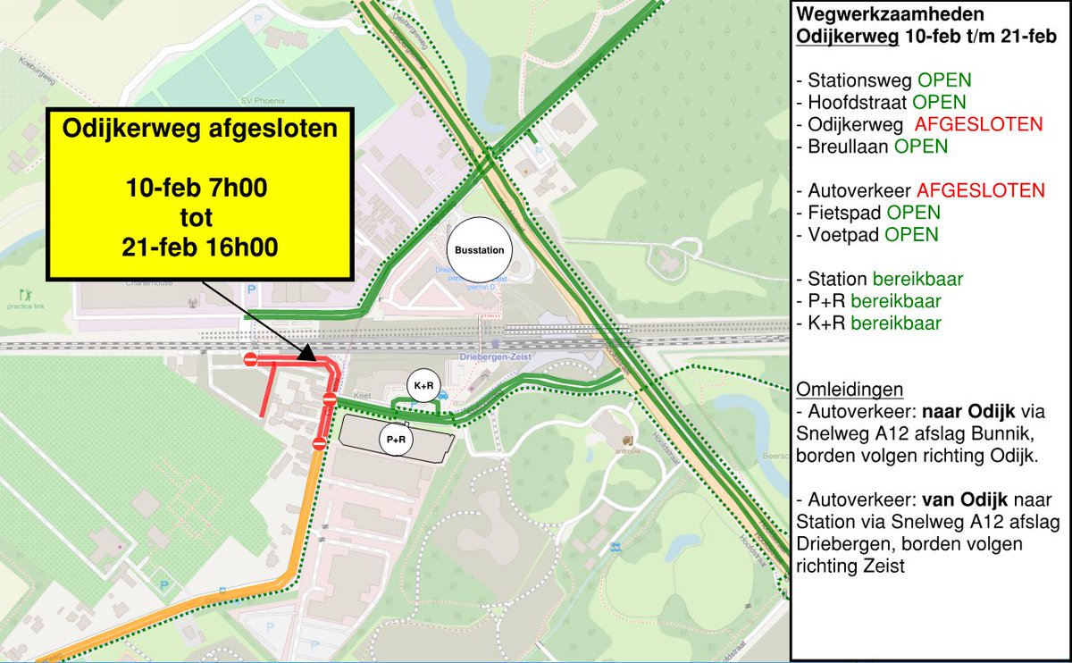 Afsluiting Odijkerweg van 10-feb 7h00 t/m 21-feb 16h00. Er komt nieuw asfalt voor het fietspad en de autoweg. Fietsers en voetgangers kunnen wel doorgang vinden. Woningen blijven bereikbaar en bedrijven ten zuiden van de wegafsluiting zijn bereikbaar via Odijk.