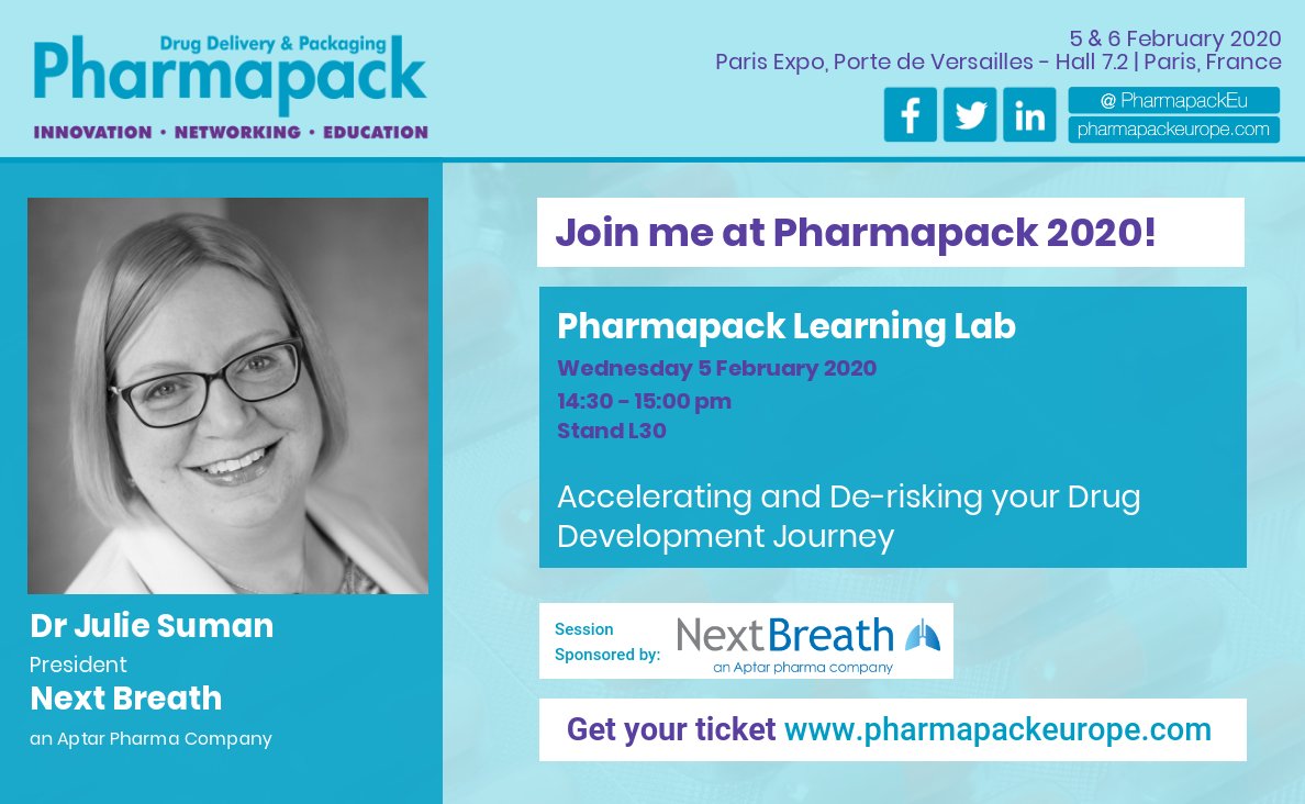 aptar's tweet photo. Need to accelerate & derisk your next #drugdevelopment project? Join #AptarPharma & Next Breath’s Learning Lab at Pharmapack 2020 with Dr. Julie Suman #drugdeliverydevices #analyticalservices https://t.co/3CU8KZlojp