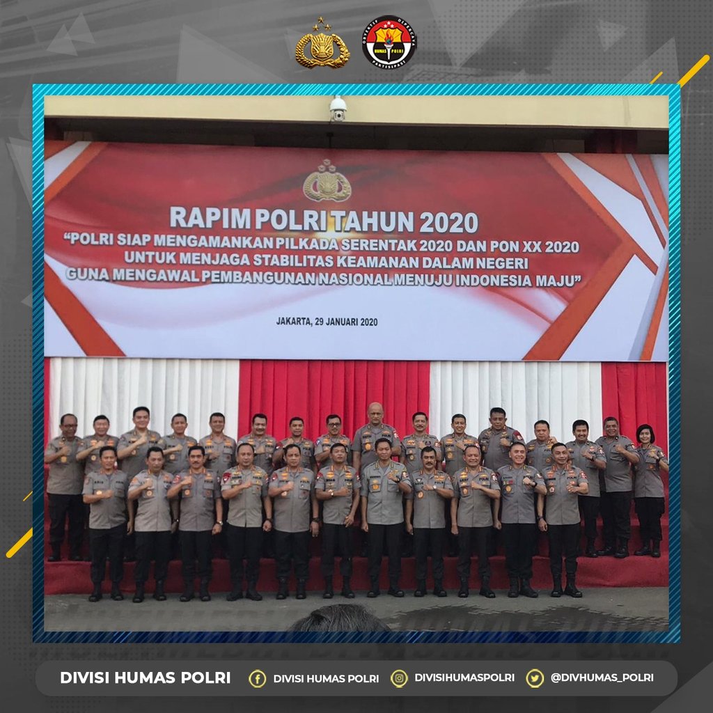 Rapim Polri Tahun 2020
"Polri Siap Mengamankan Pilkada Serentak 2020 dan PON XX 2020 untuk Menjaga Stabilitas Keamanan Dalam Negeri Guna Mengawal Pembangunan Nasional Menuju Indonesia Maju ##RapimPolri2020
