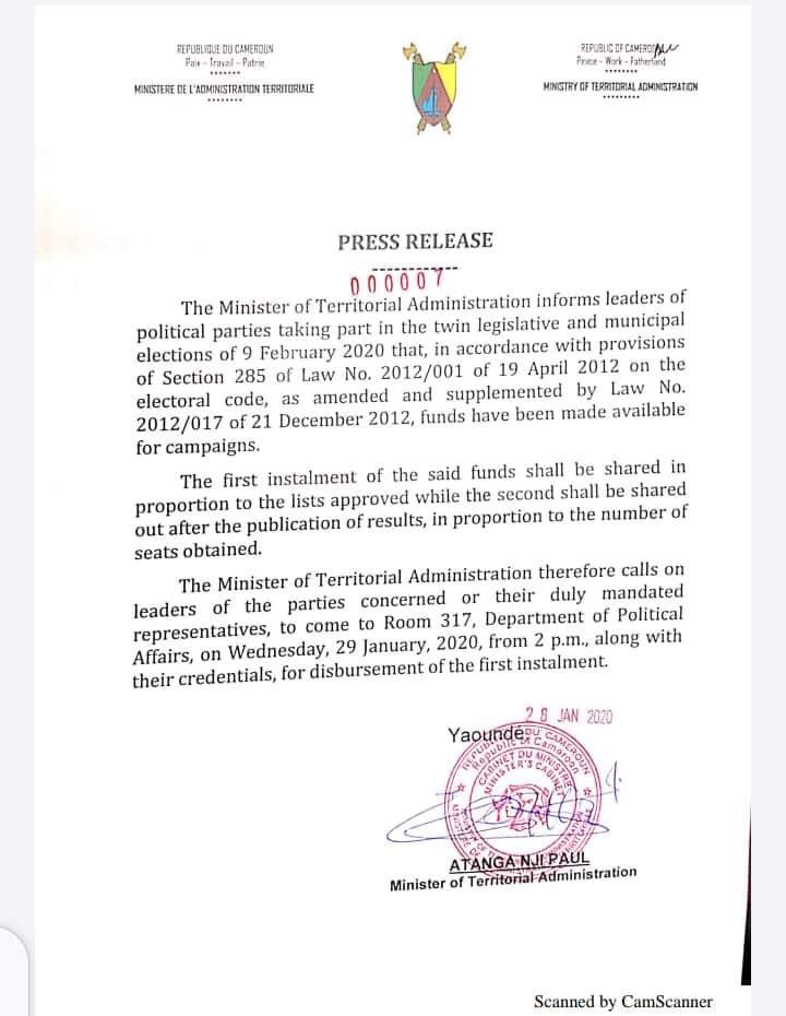 ReginaSondoM's tweet photo. Funds for campaigns... 

Political parties running for municipal and legislative elections in #Cameroon will receive the first installment of campaign funds today January 29, MINAT Boss Atanga Nji has said. https://t.co/jmPShqrPrQ