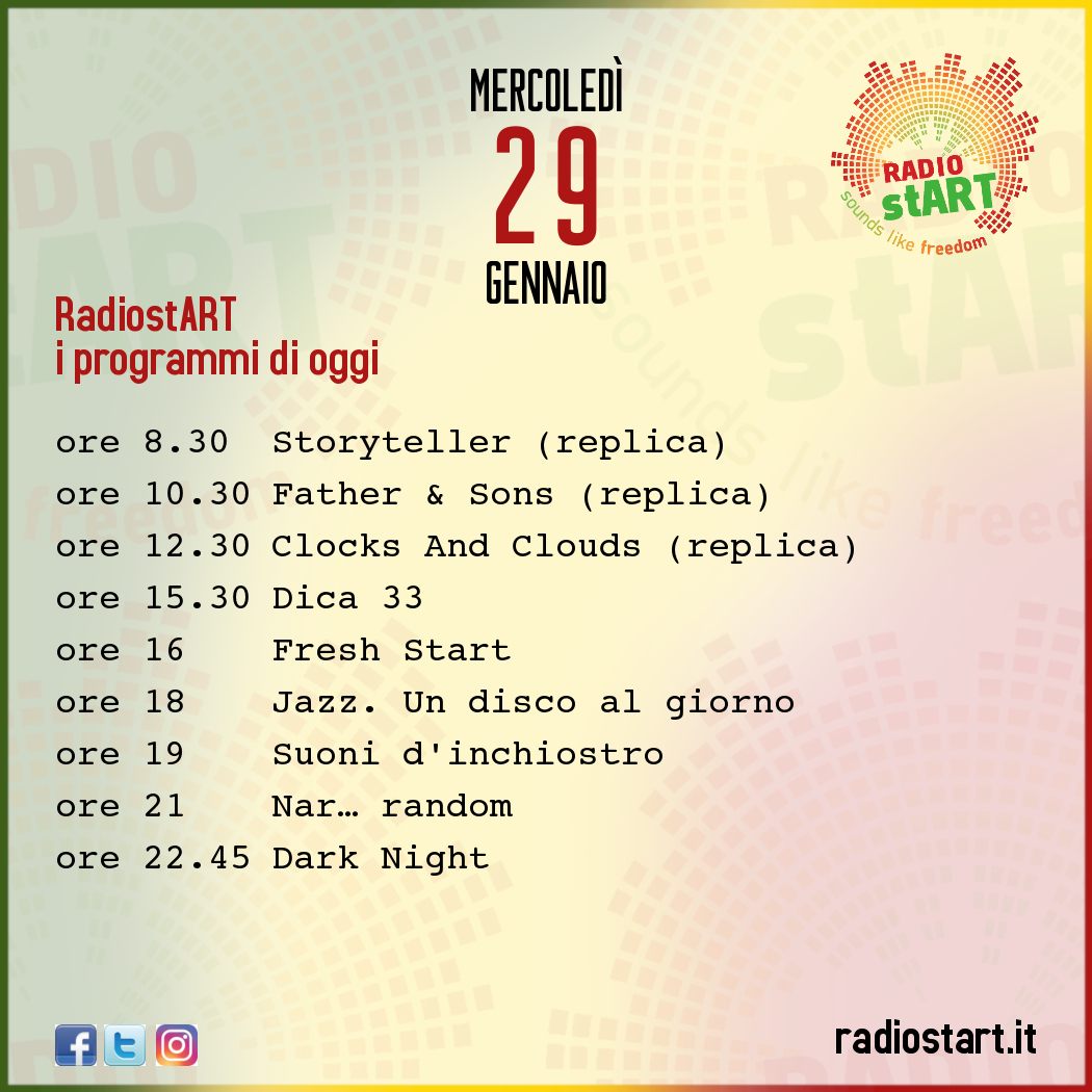 ArtRadiost's tweet photo. RadiostART | i programmi di oggi, mercoledì 29 gennaio
ascolta RadiostART su https://t.co/5PXbyF1ngk o su TuneIn

#RadiostART #Programmi #Podcast #Repliche #Radio #Dica33 #FreshStart #jazzundiscoalgiorno #Narrandom #DarkNight #Mercoledì #wednesday #29Gennaio #January29th https://t.co/qj8BnCbKdY