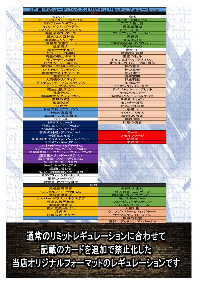 カードボックス橿原店 買取強化中 Auf Twitter 大会情報 大好評の遊戯王オリジナルレギュレーションですが 2月前半のレギュレーションの変更は今回無しとなります 今後も沢山のご参加お待ちしています 遊戯王 オリレギュ カードボックス橿原店 買取強化中 Auf Twitter 大会情報 大好評の遊戯王オリジナルレギュレーションですが 2月前半のレギュレーションの変更は今回無しとなります 今後も沢山のご参加お待ちしています 遊戯王 オリレギュ