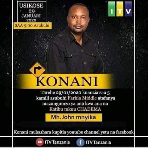 Bavicha46's tweet photo. Dakika Chache zijazo mh JOHN MNYIKA atakuwepo katika kipind Cha konani. Kinachorushwa mubashara na kituo Cha ITV tukamsikilize wote kwa umoja wetu tafazal muda n saa 5:00 kwa saa za afrika mashariki 

#no_hate_no_fear
#to_be_is_to_do
#tume_huru_mpango_mzima2020 https://t.co/EledemFdFC